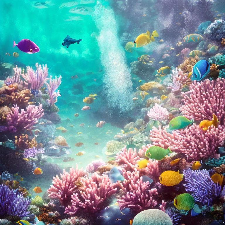 Colorful Underwater Scene with Diverse Fish and Coral