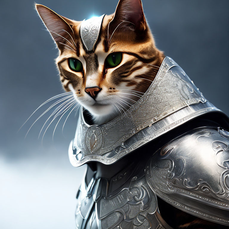 Detailed Silver Knight's Armor Adorns Majestic Cat in Moody Sky