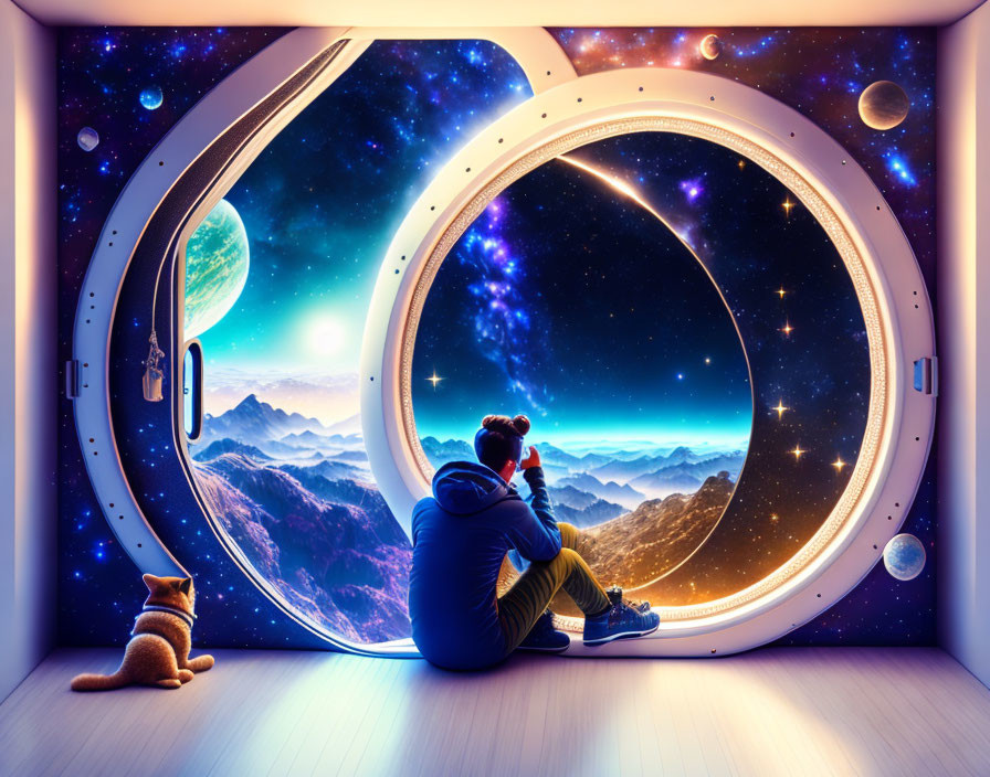 Person and cat by spaceship window with mountains, galaxy, and planets view