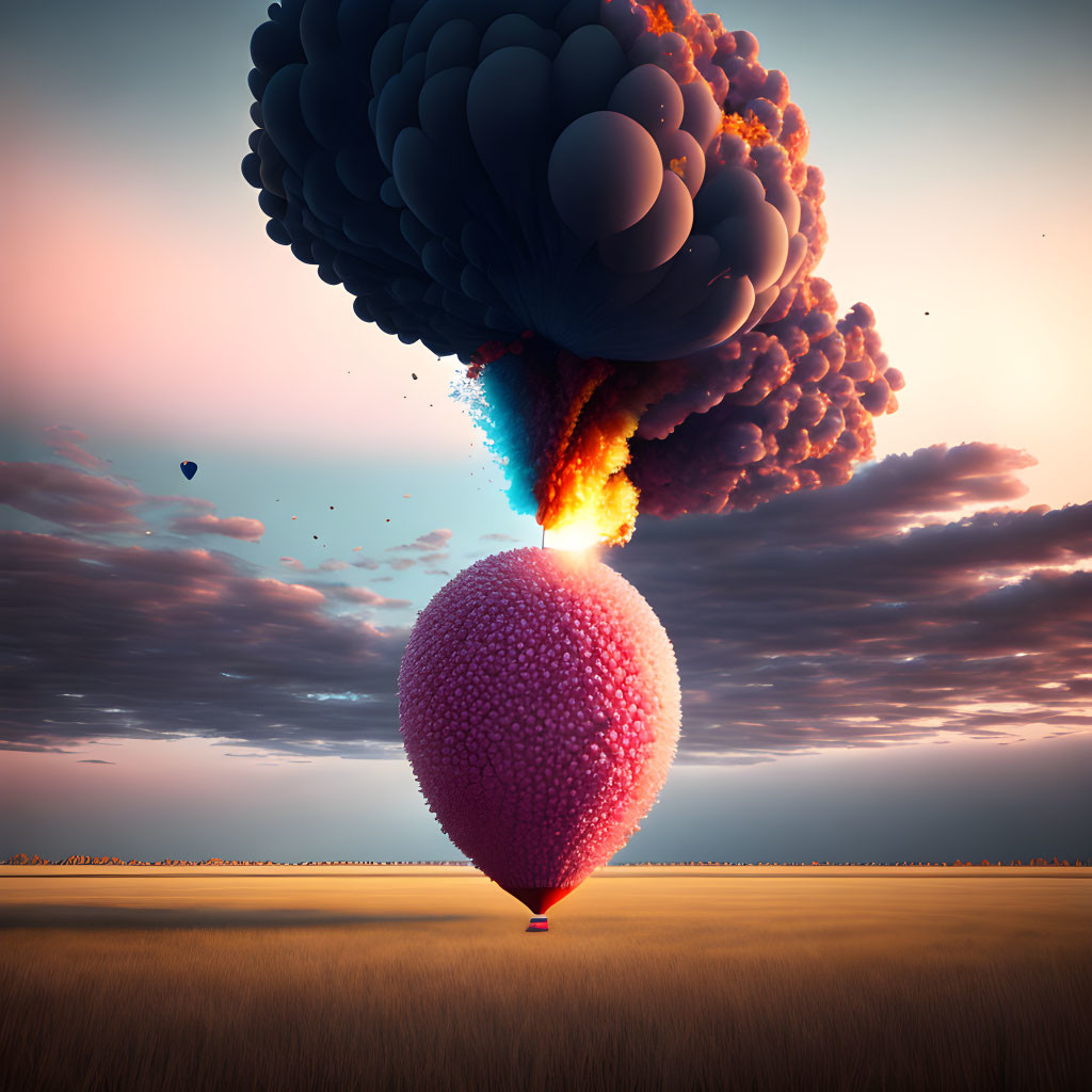 Surreal raspberry-shaped hot air balloon on fire in twilight sky