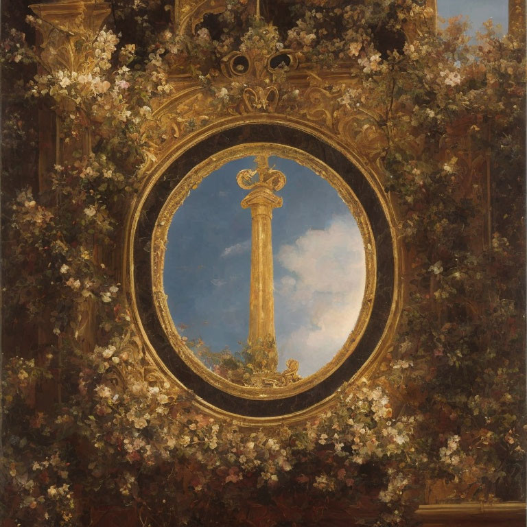 Ornate oval mirror reflecting blue sky, column, flowers, and greenery.