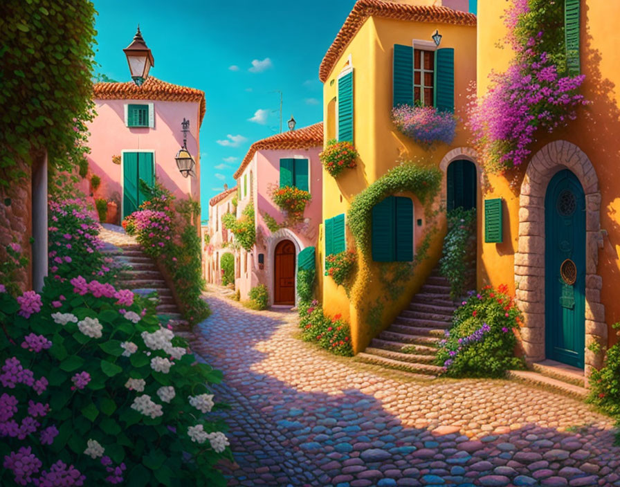 Colorful Houses on Cobblestone Street with Lush Greenery and Flowers