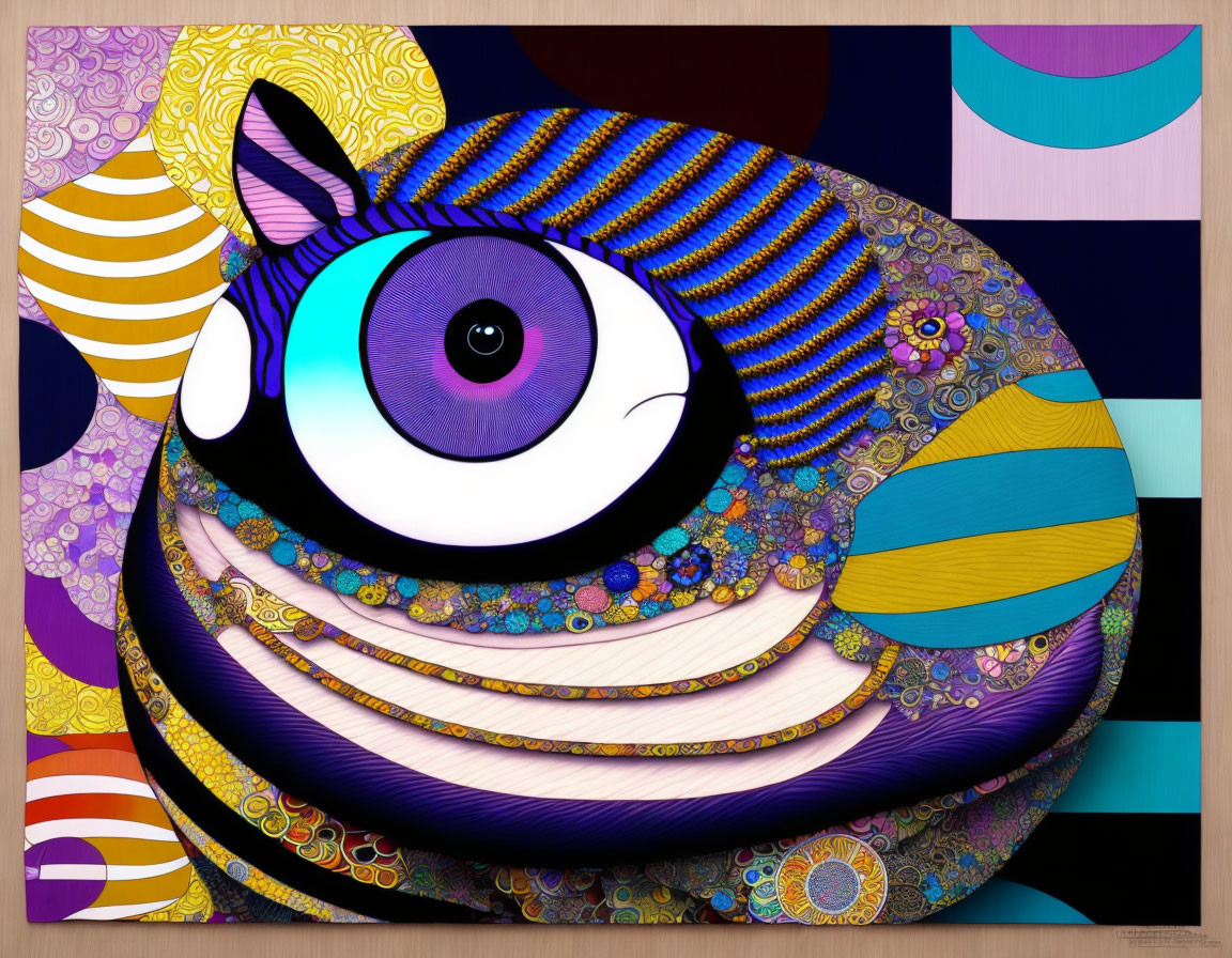 Abstract stylized fish with large eye in colorful digital art