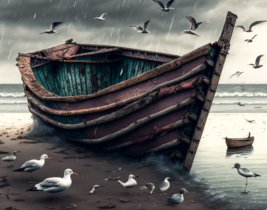 Weathered rowboat on sandy shore with seagulls under cloudy sky