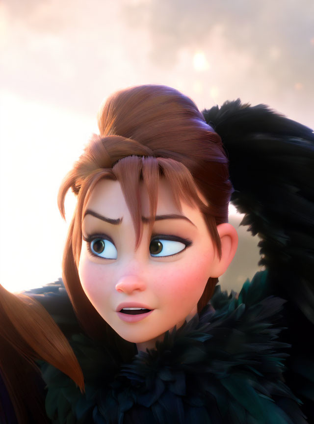 Blue-eyed animated female character in black feathered attire with brown hair gazing sideways.