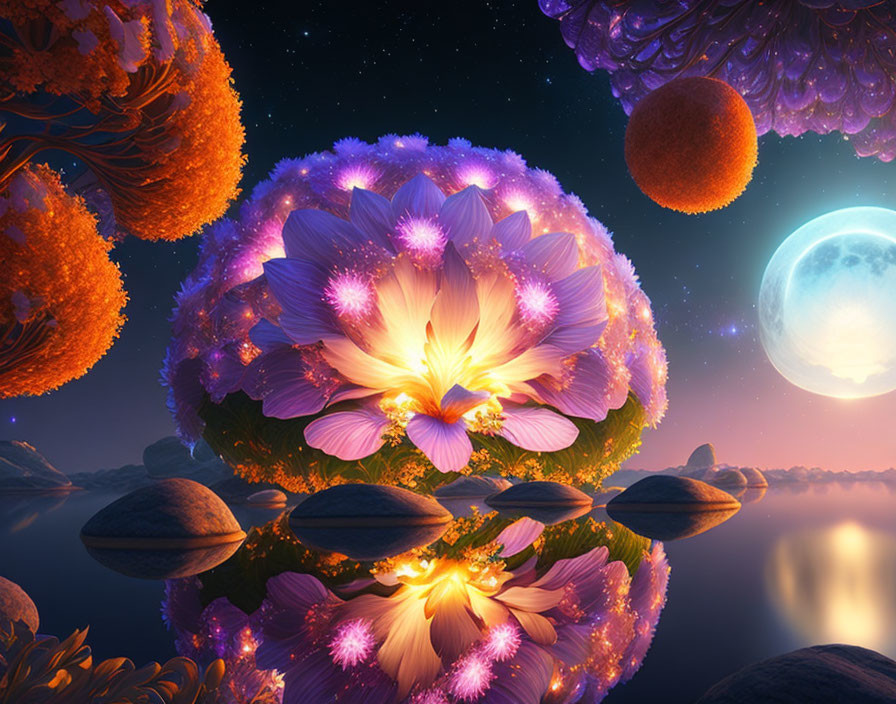 Surreal landscape with glowing central flower orb and floating islands