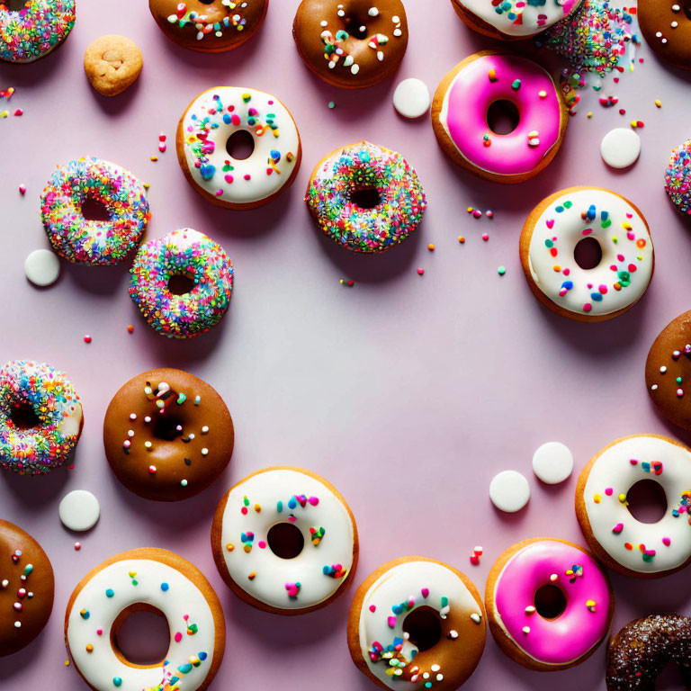 Assorted colorful donuts with sprinkles on pink background