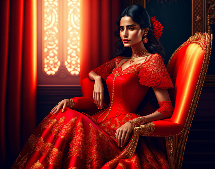 Elegant Woman in Red Dress with Gold Embroidery and Luxurious Setting