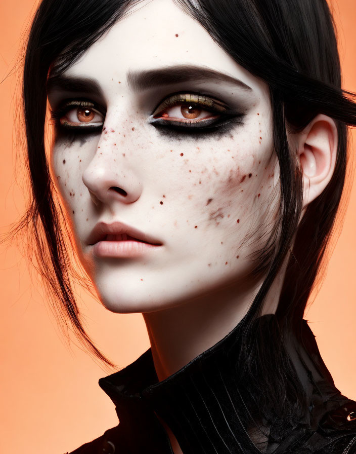 Portrait of woman with dark hair, intense eye makeup, freckles, and pale skin on orange