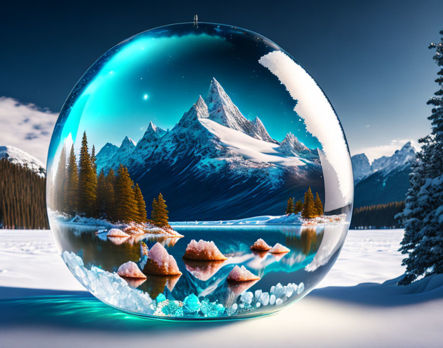 Winter Mountain Landscape with Crystal Ball on Snowy Ground