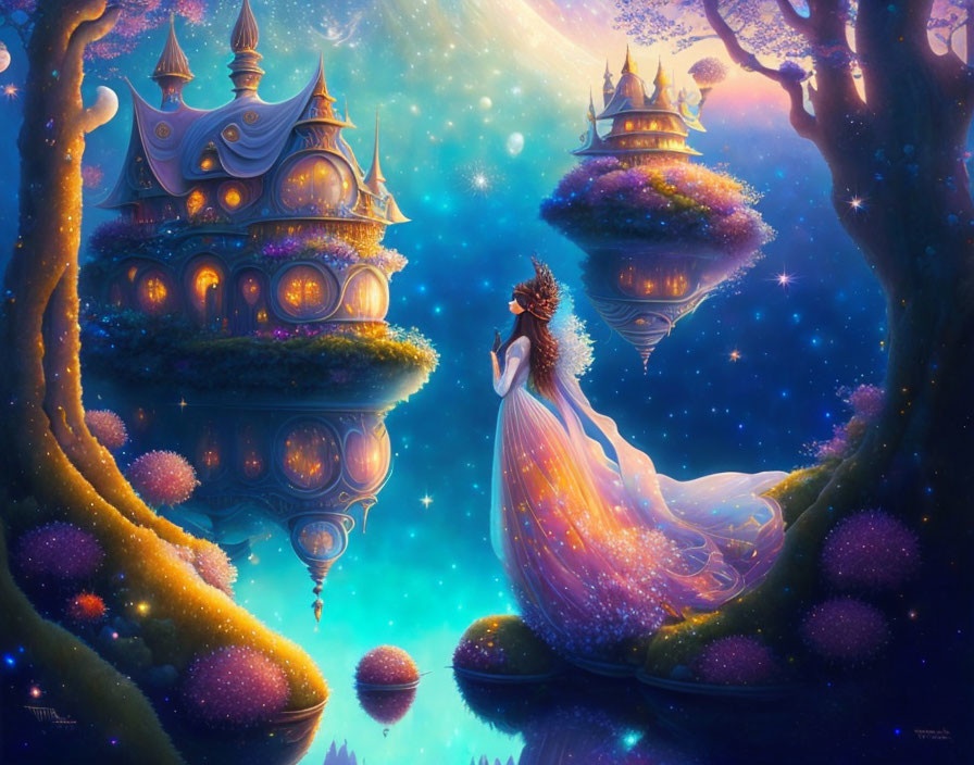 Woman in flowing gown in fantastical landscape with floating islands and whimsical castle