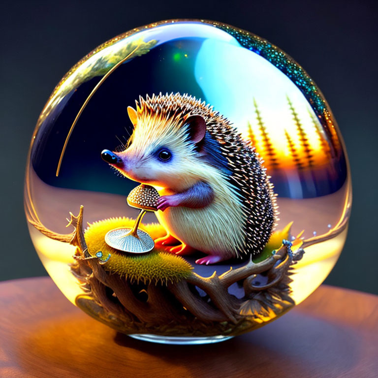 Hedgehog on nest in transparent sphere with vibrant landscape reflection