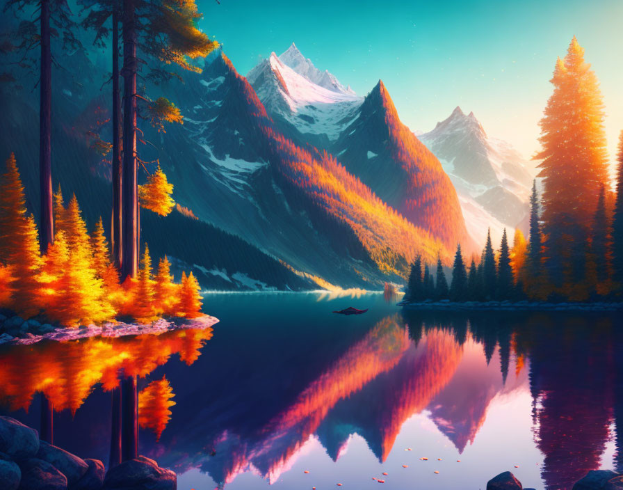 Autumn sunset over serene lake with snow-capped mountains