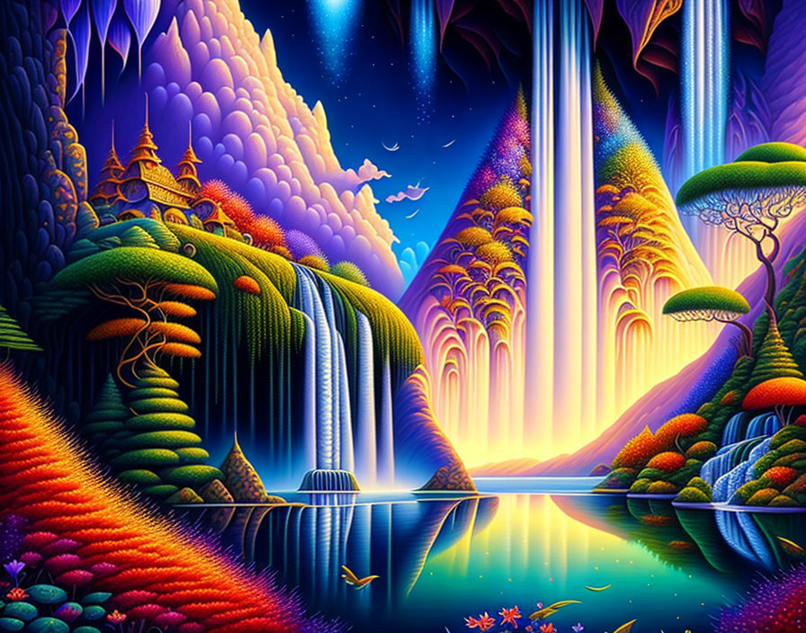 Majestic Waterfalls and Colorful Sky in Fantasy Landscape