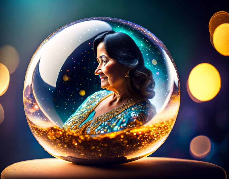 Woman in Glittering Dress Captured in Crystal Ball Amid Starry Background