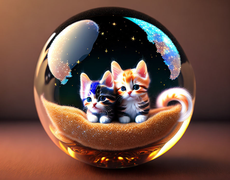 Illustrated kittens in cosmic orb with stars on sandy surface