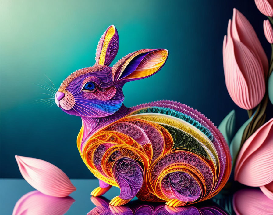 Colorful Quilled Paper Art of Rabbit with Swirling Pattern and Tulips