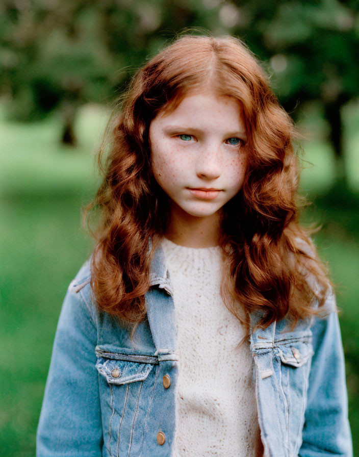 Young girl with red curly hair in denim jacket outdoors