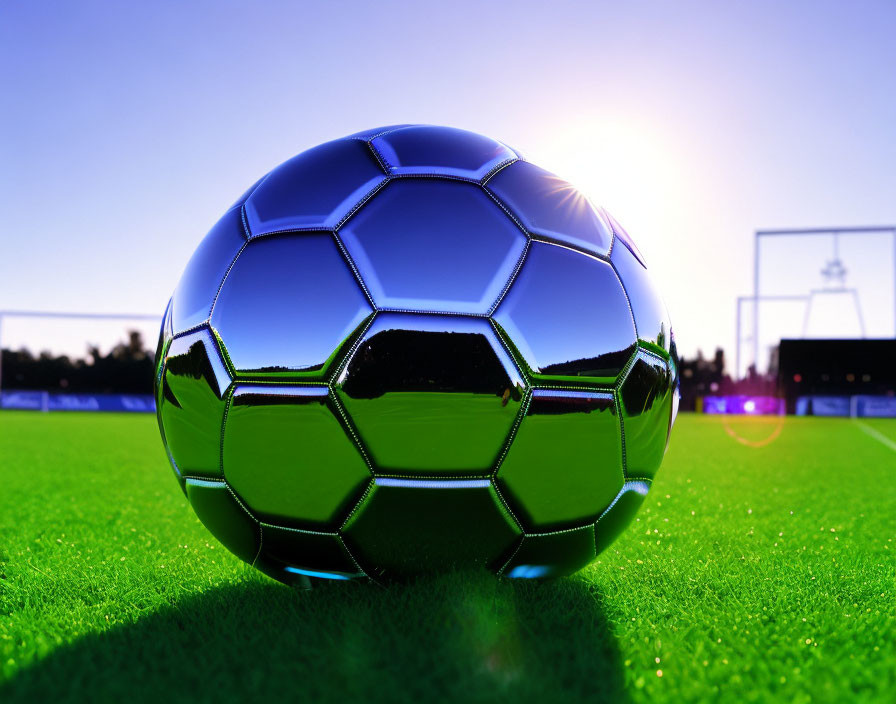 Black and green soccer ball on grass field with goal and bright sun