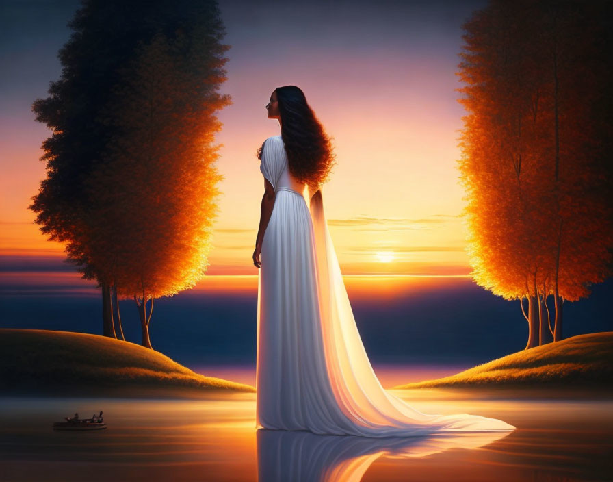 Woman in White Dress Amid Trees at Sunset Overlooking Water with Boat