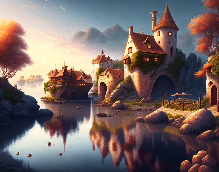 Serene fantasy landscape with stone castle, river, autumn trees, ship, sunset