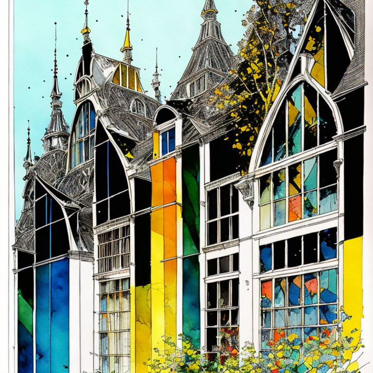 Gothic-style building facade with vibrant watercolor splashes