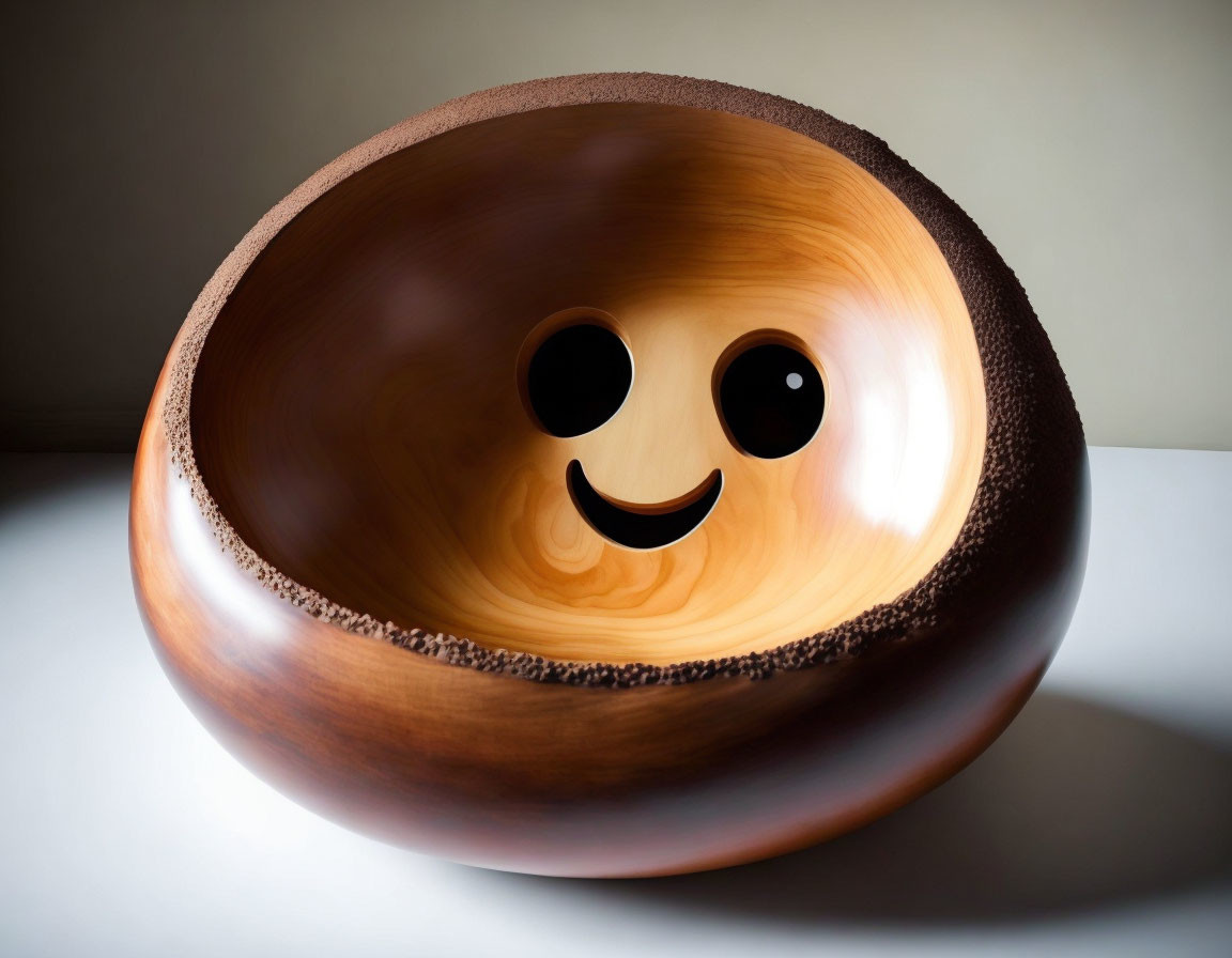 Wooden Bowl with Cute Animated Face: Big Black Eyes and Cheerful Smile