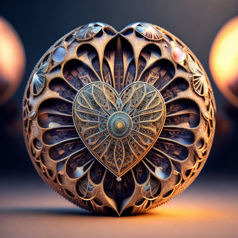 Bronze heart-shaped sculpture with ornate patterns and smaller heart centerpiece