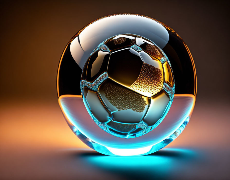 Futuristic metallic soccer ball floating on blue surface