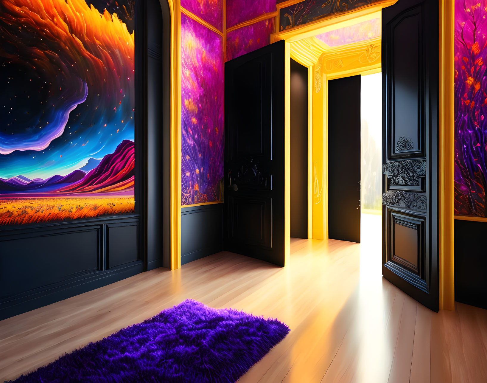 Colorful interior room with cosmic mural, glossy floors, purple rug, ornate black doors.