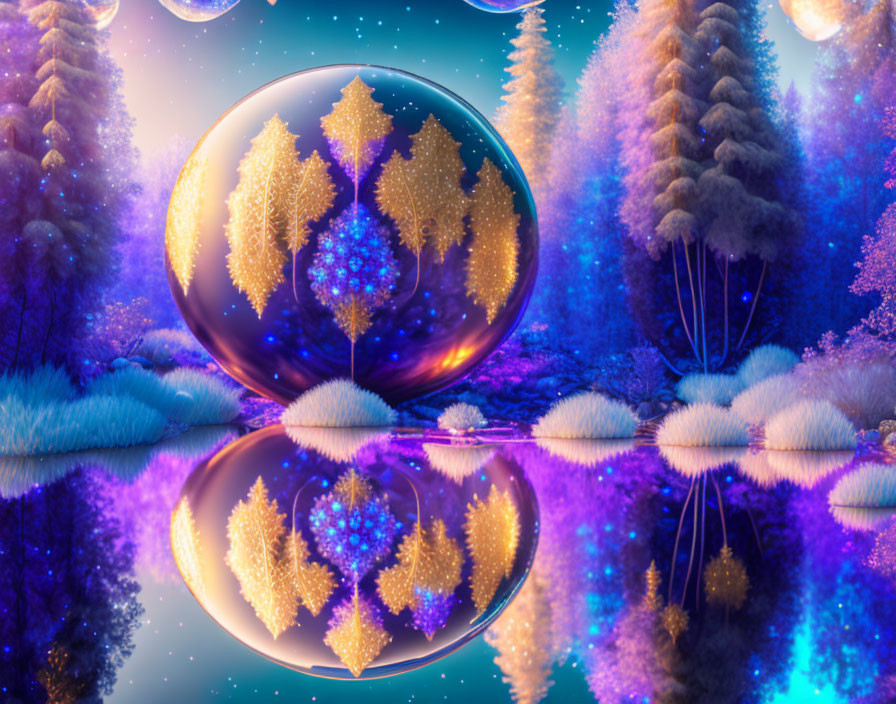 Vibrant surreal landscape with glowing trees and reflective sphere