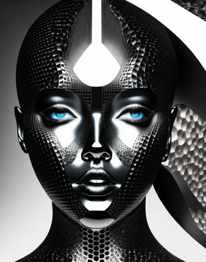 Futuristic humanoid with patterned skin and metallic features on abstract background