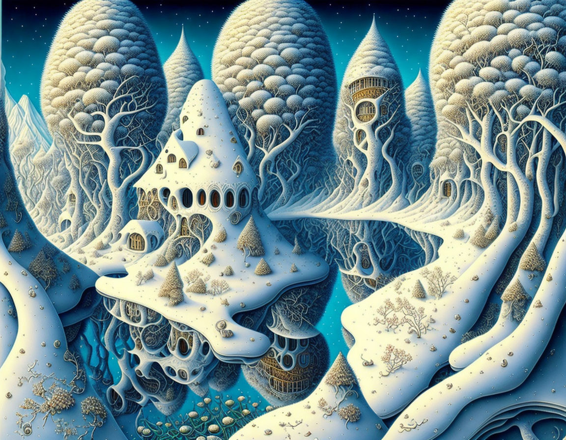 Surreal winter landscape with dome-like structures, trees, snow, and intricate patterns