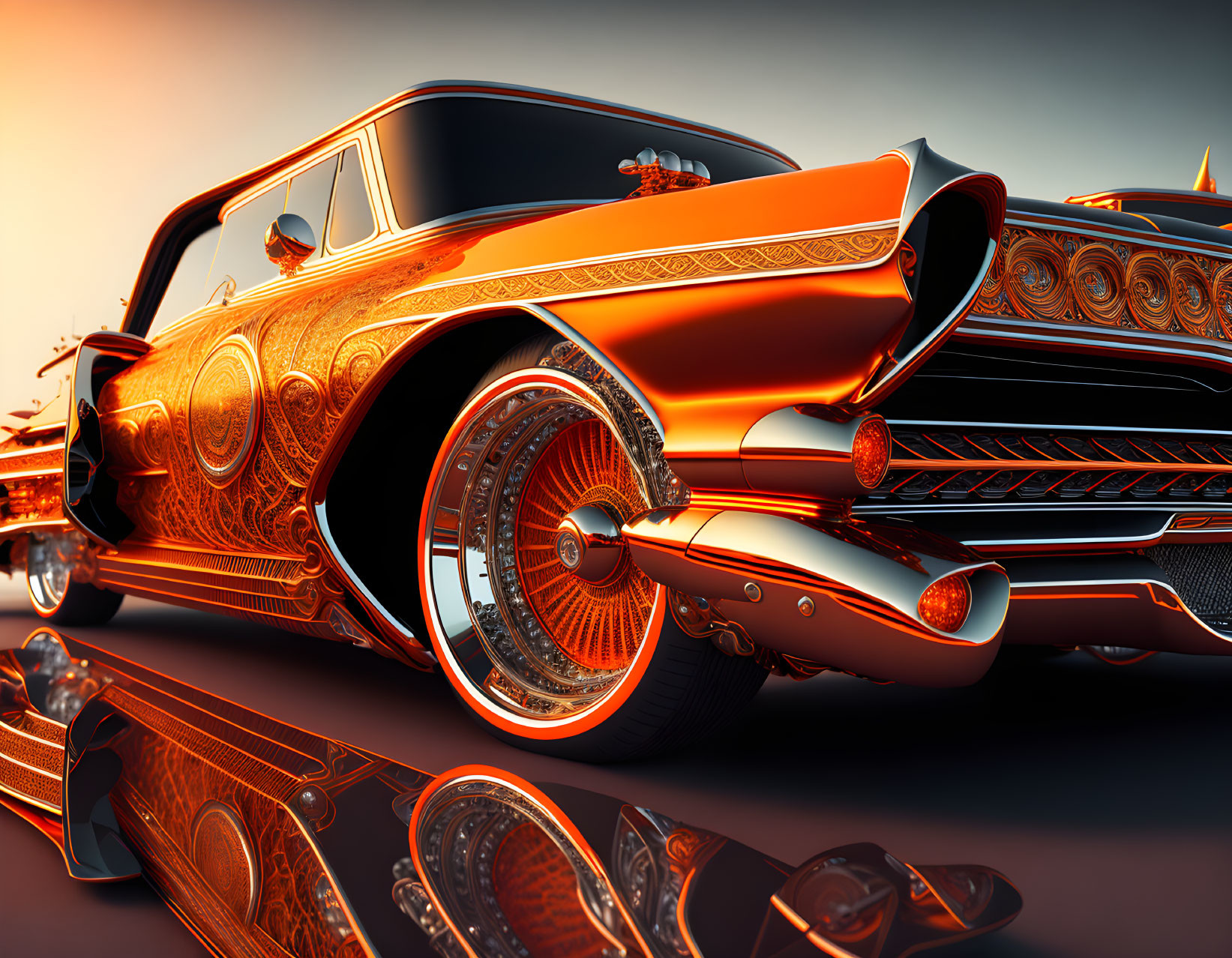 Vintage Car with Orange Patterns and Chrome Details on Warm Background