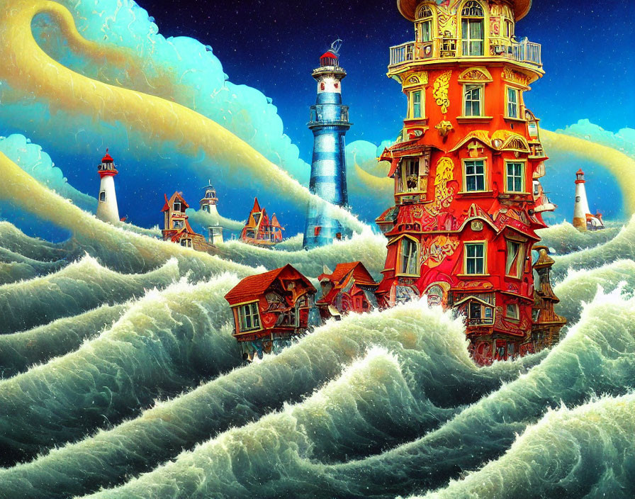 Colorful multi-tiered lighthouse in turbulent seas with houses and dramatic sky