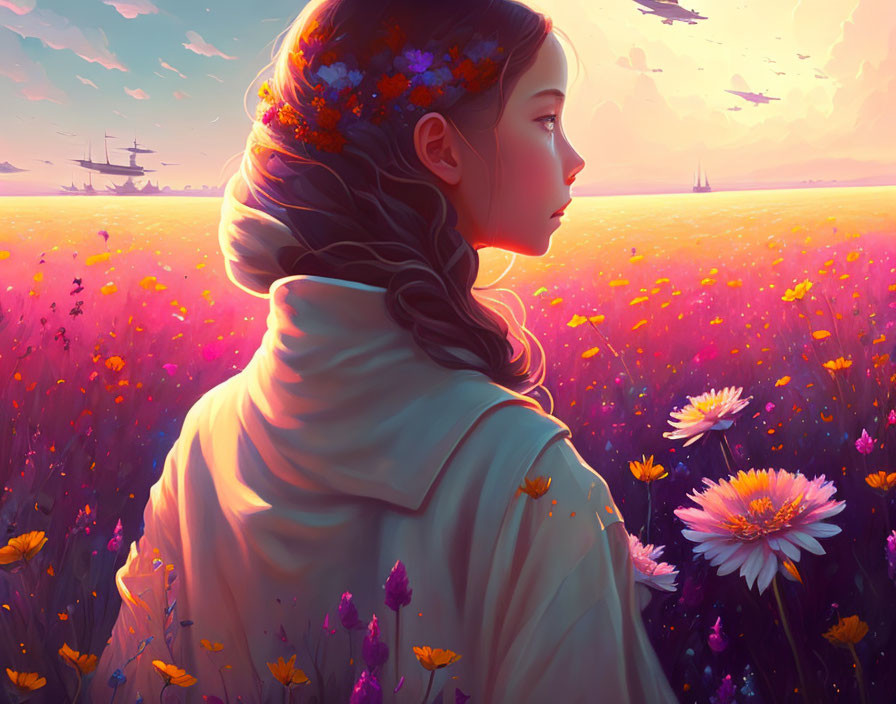 Girl admires sunset in vibrant flower field with ships sailing under pastel sky