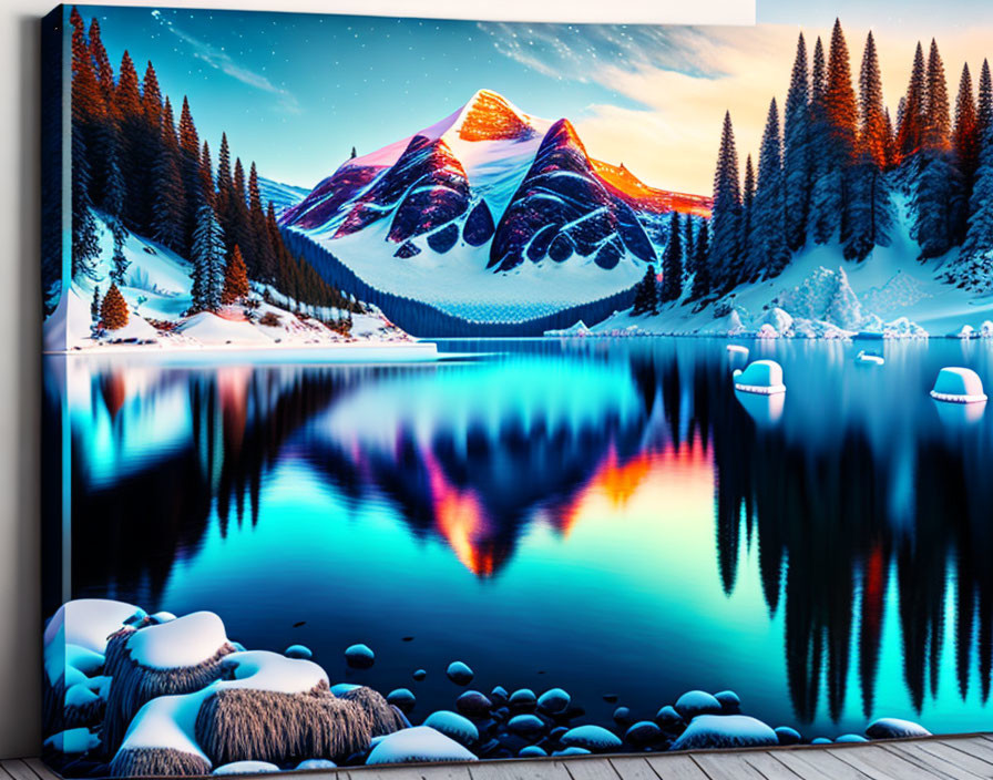 Snowy Mountain Landscape with Blue Lake Reflection and Twilight Sky