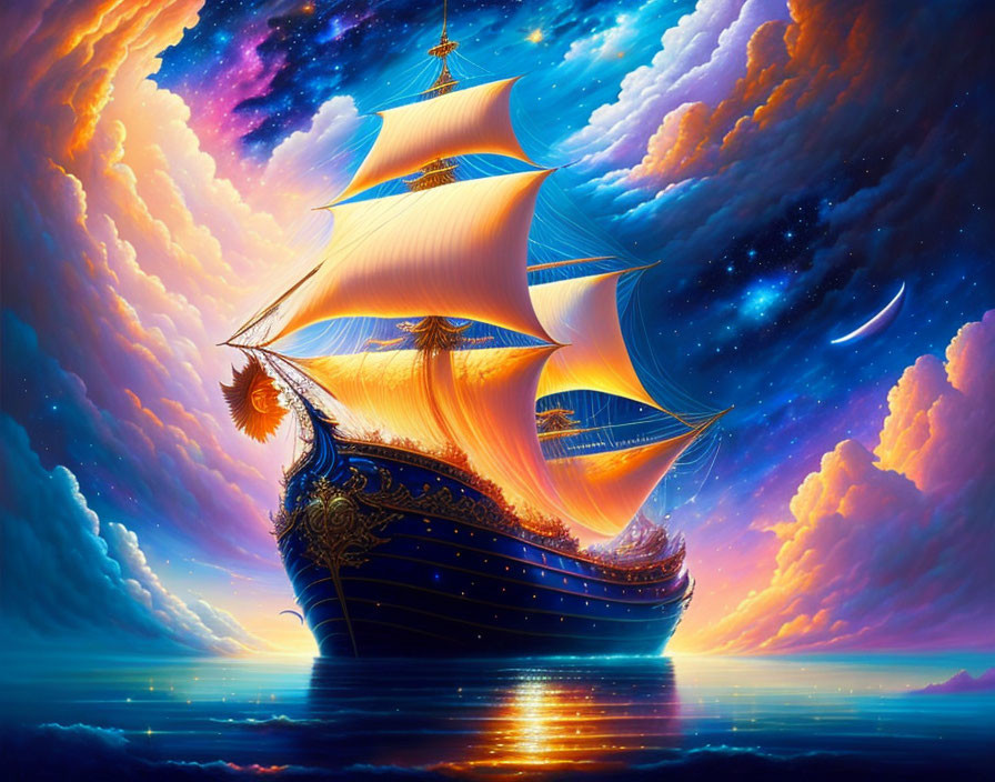 Colorful digital art: golden ship on sea with crescent moon