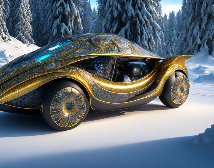 Golden Ornate Vehicle Parked in Snowy Forest