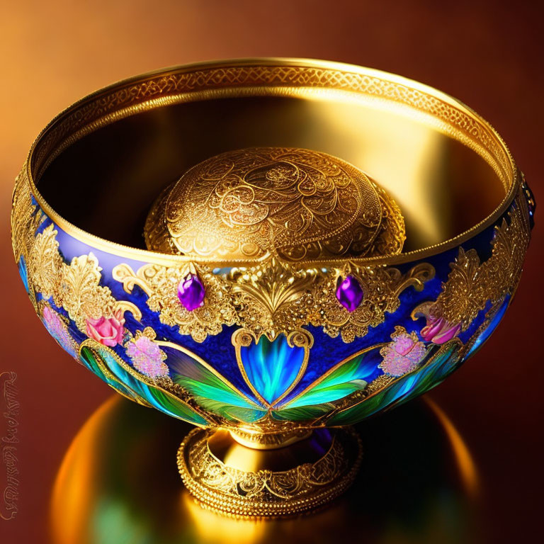 Golden Bowl with Purple Gemstones and Floral Designs