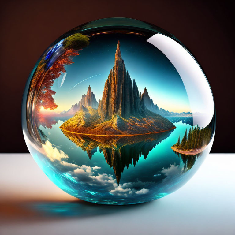 Fantastical landscape with towering mountains and serene water in transparent sphere