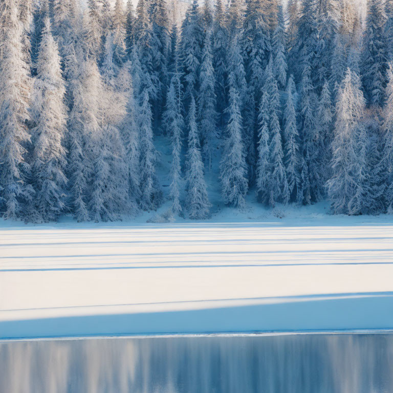 Tranquil snow-covered conifer forest by frozen lake