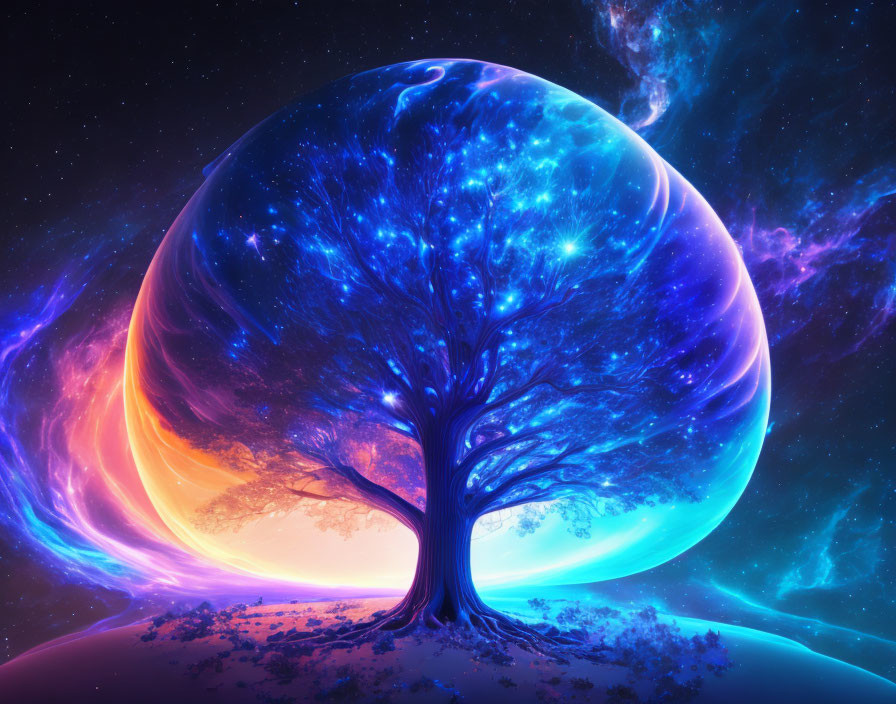 Colorful cosmic landscape with tree and nebula sphere in starry sky