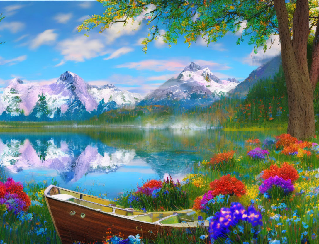 Serene Lake with Snow-Capped Mountains and Wildflowers