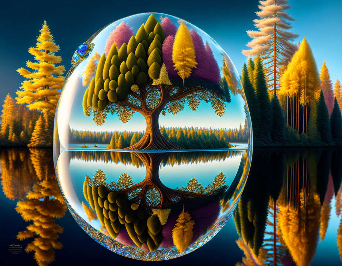 Vibrant tree-filled surreal landscape with crystal ball and golden-hued forests