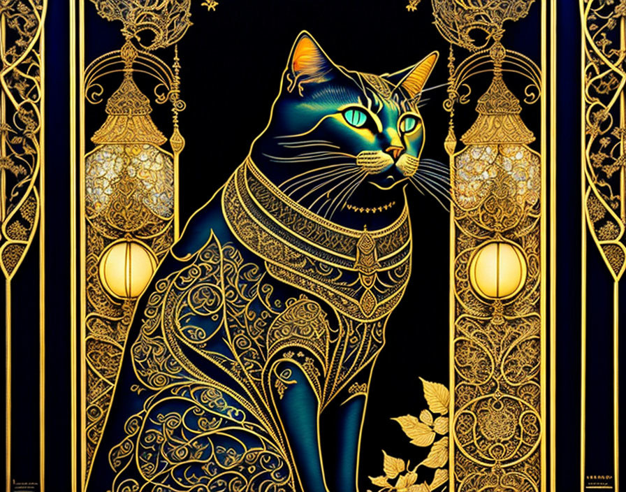 Ornate blue and gold cat with intricate patterns on dark background