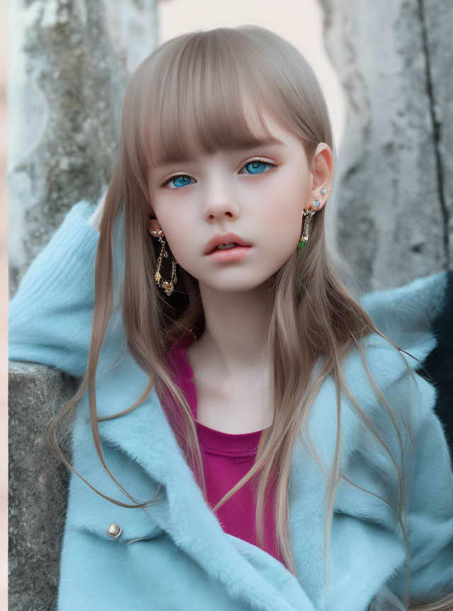 Blonde girl with blue eyes in blue coat and pink shirt on grey background