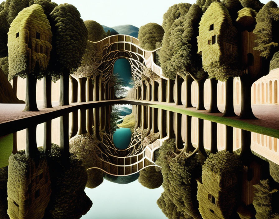 Symmetrical Portal in Surreal Landscape with Reflective Water