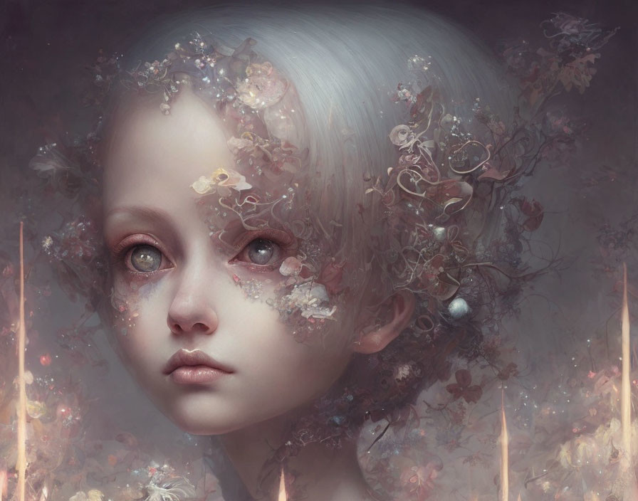 Portrait of a girl with pale hair and flowers in a dreamy setting