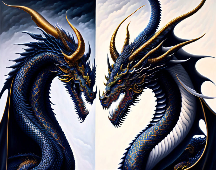 Vivid Artwork: Intertwined Blue Dragons with Golden Horns on Cloudy Background